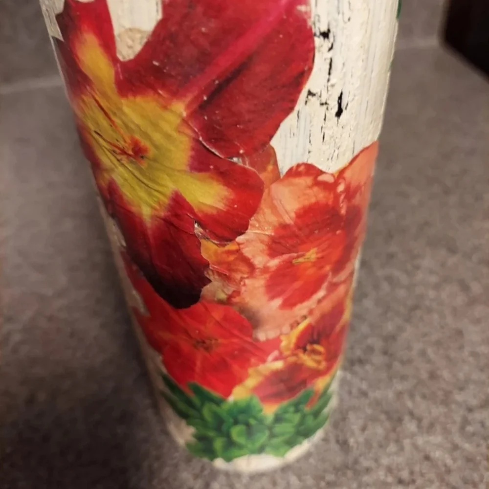 Hand Crafted Decoupage Wine Bottle Vase with Key Charm - Unique! EDC